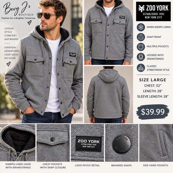 Zoo York Other - Zoo York Mens Gray Fleece Hoodie Pullover Snap Closure Pockets Logo Size L